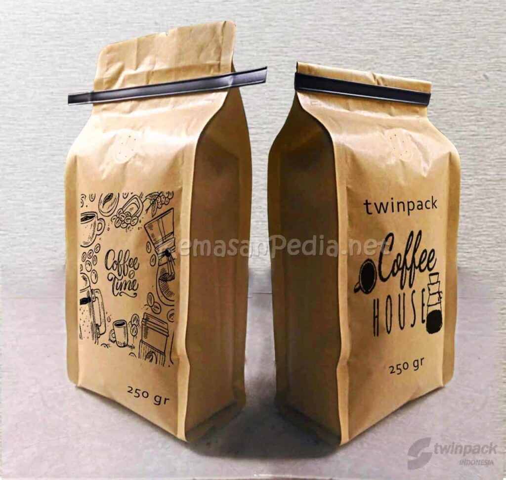 kemasan kopi bubuk tipe gusset dari bahan kertas kraft